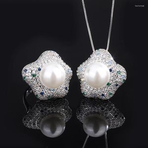 Collier Boucles d'oreilles Set Eyika Design Femmes Big White Pearl Ring Pendant Sparkling Zircon Bijoux étoiles irrégulières colorées pour cadeau de fête