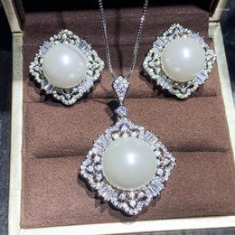 Ketting oorbellen set eyika elegant zwart witte grote parel sieraden zilveren kleur gevulde zirkoon bloem charme luxe nobel