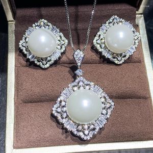 Ketting oorbellen set eyika elegant zwart witte grote parel sieraden zilveren kleur gevulde zirkoon bloem charme luxe nobel