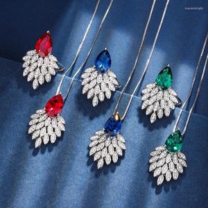 Collier et boucles d'oreilles ensemble EYIKA haute qualité laboratoire de luxe rubis goutte d'eau pendentif anneaux rhodié vert bleu cristal Zircon femmes bijoux