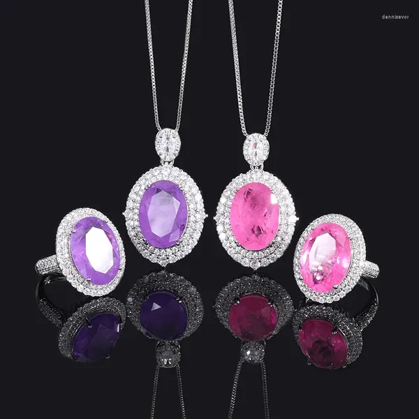 Conjunto de collar y pendientes EYIKA, joyería de lujo de Brasil para mujer, corte ovalado, Color púrpura rosa, anillo con colgante de piedra de fusión, fiesta de boda