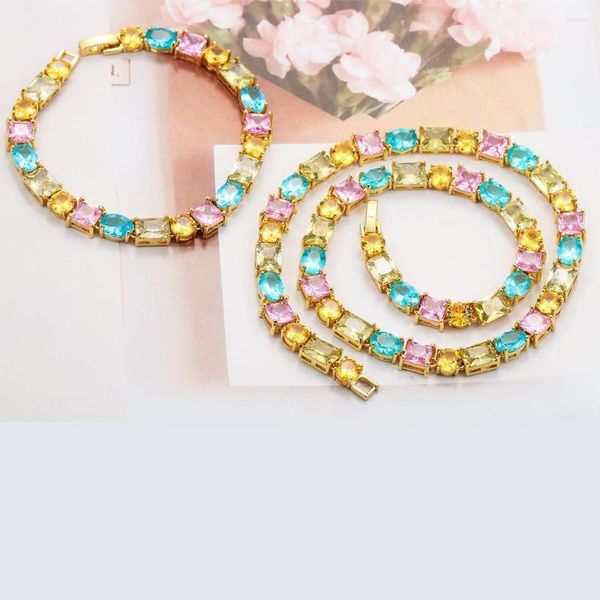 Collier boucles d'oreilles ensemble EYIKA luxe plaqué or Bling coloré cristal Zircon Tennis géométrique CZ lien chaîne Bracelet pour femmes bijoux