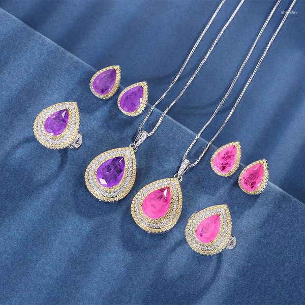 Conjunto de collar y pendientes EYIKA de lujo chapado en oro gota de agua joyería para fiesta de boda anillo colgante de piedra de fusión rosa púrpura para mujer