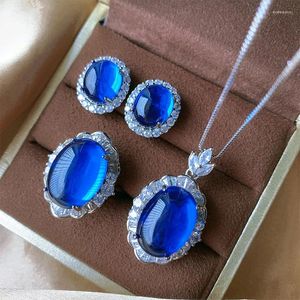 Collier Boucles d'oreilles Set Eyika Luxury de haute qualité Zircon Dubai Anneaux de mariage ovale Créé Sapphire Blue Stone Women Jewelry