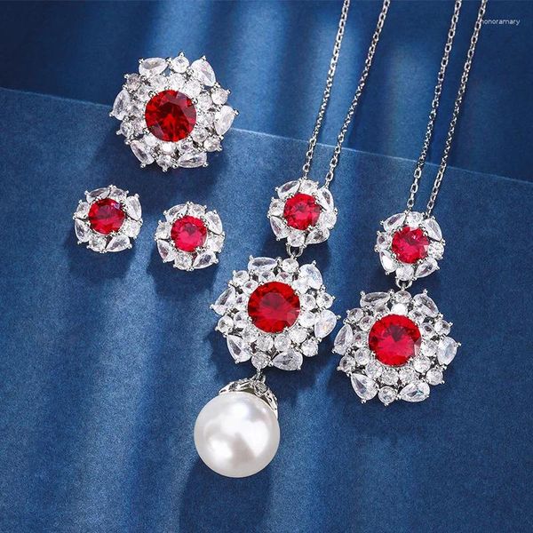 Pendientes de collar Set Eyika laboratorio de lujo joyas de zafiro rubí para mujeres caída de agua Cz azul rojo piedra flor de perla anillo