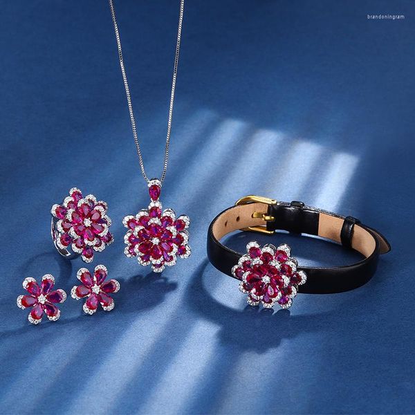 Conjunto de collar y pendientes EYIKA, anillo de flor de peonía de circón rojo rosa de lujo, pulsera de corindón sintético, rubí, joyería de boda para mujer