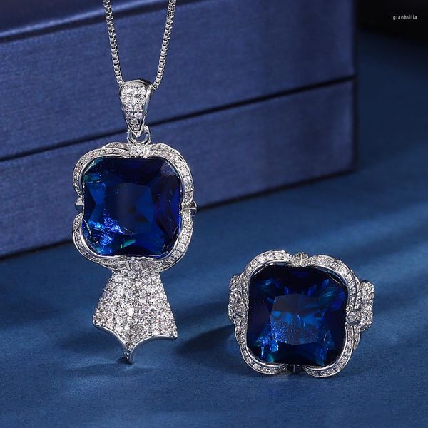 Collier boucles d'oreilles ensemble EYIKA luxe argent couleur carré laboratoire saphir bleu Zircon médaille pendentif bague mariage bijoux fins cadeau pour les femmes