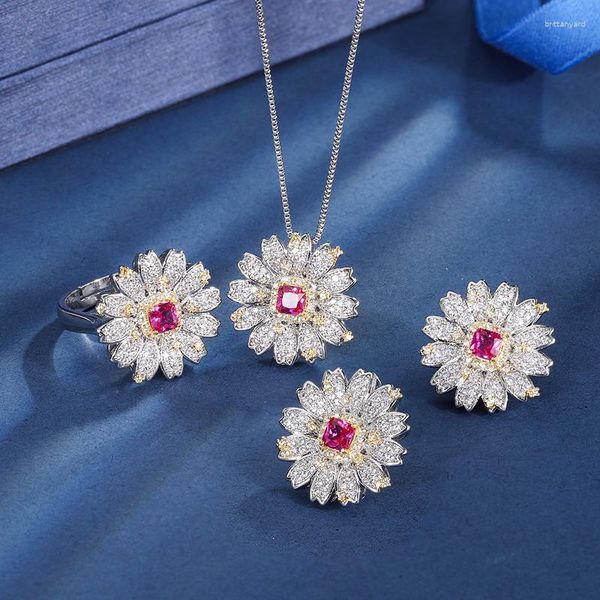 Collier boucles d'oreilles ensemble EYIKA à la mode argent couleur Zircon Lab rubis pierre marguerite fleur dames boucle d'oreille anneau pour les femmes mariée bijoux de mariage