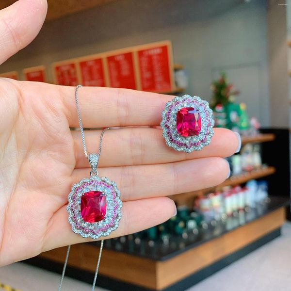 Collier Boucles d'oreilles Set Eyika Vintage Silver Color Imitation Ruby Royal Blue Zircon Fleur Ring Pendre de luxe Party