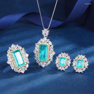 Ketting Oorbellen Set EYIKA Vintage Vierkant Gemaakt Ruby Sieraden Verharde CZ Bruiloft Bloem Paraiba Toermalijn Ring Oorbel Hanger Voor Vrouwen