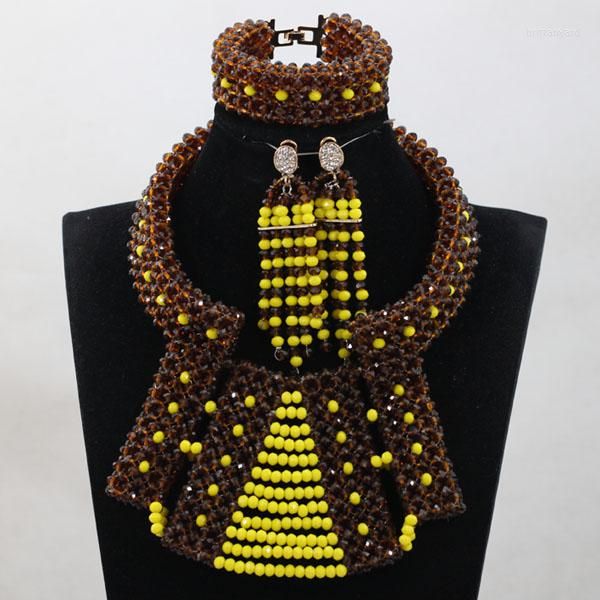 Collier boucles d'oreilles ensemble fabuleux chocolat marron et jaune bavoir déclaration bijoux en cristal perles de mariage nigérian HEB043