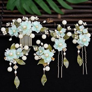 Collier Boucles d'oreilles Set Fairy Hairpin Chinois Hanfu Hair Accessories Green Floral Pearl Us Clip rétro cosplay Headpice Fringe