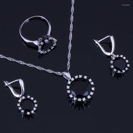 Ensemble de collier et boucles d'oreilles en argent Sterling 925 pour femmes, fantastique rond, zircone cubique noire, blanc, pendentif, chaîne, anneau, V0280