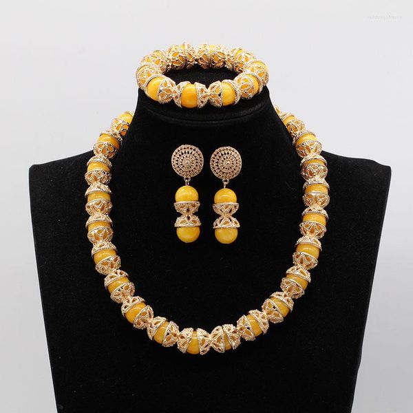 Conjunto de collar y pendientes, fantástica piedra amarilla con cuentas de oro, bisutería nigeriana, cuentas africanas para boda, novia WE253