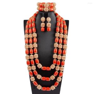 Collier boucles d'oreilles ensemble mode 3 couches longues femmes Bracelet costume africain Nigeria mariage artificiel corail perle bijoux livraison gratuite