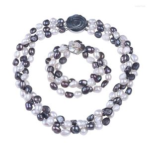 Ensemble de collier et boucles d'oreilles à la mode, 3 couches, blanc, noir, véritables perles d'eau douce, Bracelet, coquille, fleur, fermoir, bijoux ras du cou faits à la main