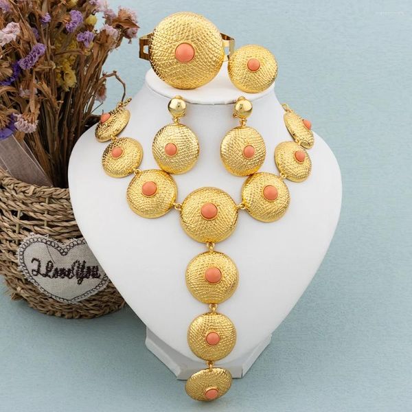 Collier Boucles d'oreilles Set Fashion African Design Bijoux Big Gold Color Femmes Zircon Round Ring Party Bridal Wedding