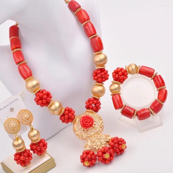 Conjunto de collar y pendientes, joyería africana de moda, cuentas de Coral rojo Real para mujer