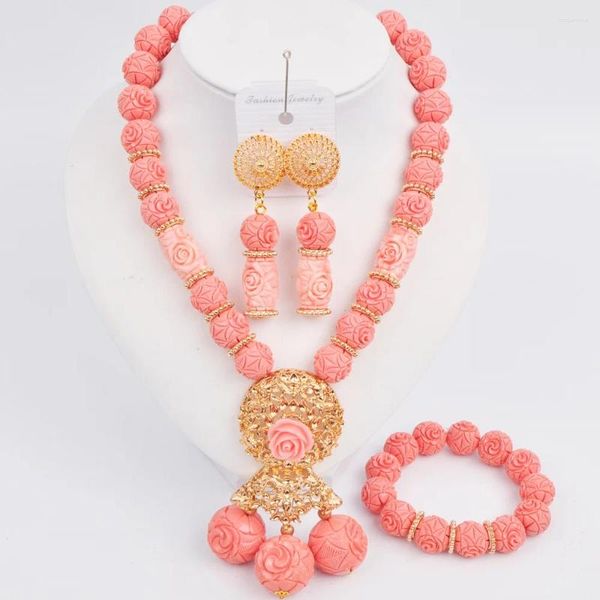 Conjunto de collar y pendientes, joyería africana de moda, Coral artificial rosa, boda nigeriana, novia