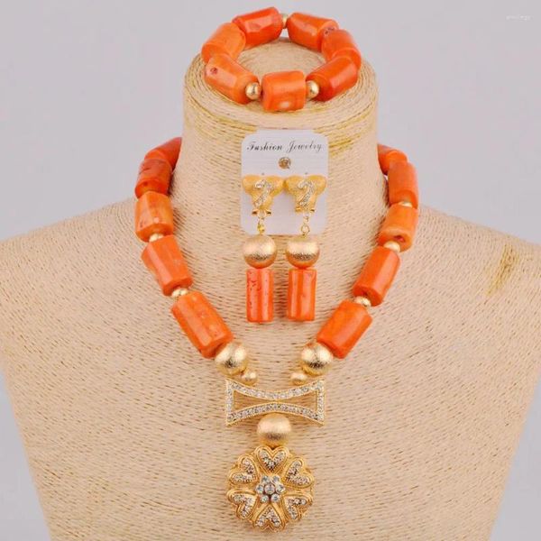 Conjunto de collar y pendientes, joyería africana de moda, cuentas de Coral naranja