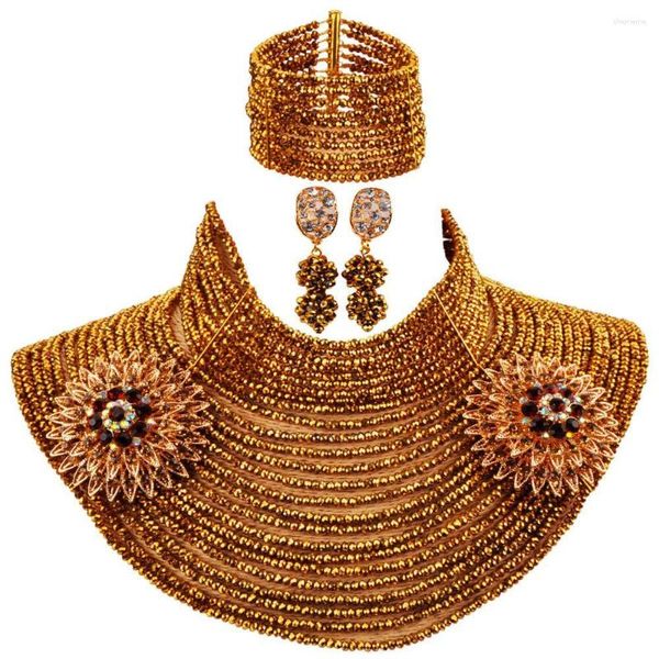 Collier boucles d'oreilles ensemble mode bijoux africains brun doré 25 couches 4mm perle de cristal 25LC07