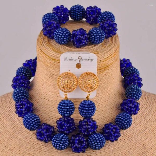 Ensemble de boucles d'oreilles et collier, bijoux en Imitation de perles et de cristal, bleu Royal africain, pour mariée nigériane, exquise, XX-78