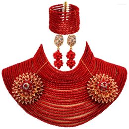 Ensemble de boucles d'oreilles et collier, perles de mariage africaines, bijoux à la mode, rouge Opaque, 25 couches de perles de cristal de 4mm, 25LC08