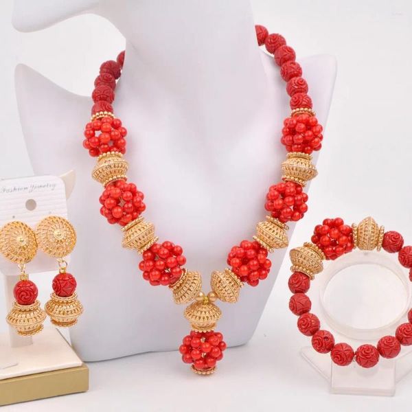 Conjunto de collar y pendientes con cuentas de bola de moda, joyería africana, Coral rojo, novia nigeriana para mujer