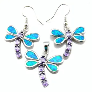 Ensemble collier et boucles d'oreilles en opale bleue, pendentif et boucle d'oreille, Design libellule, bijoux pour femmes