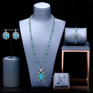 Ensemble de boucles d'oreilles et collier, bijoux de mariée à la mode, zircone cubique, Turquoise, pendentif à longue chaîne et 4 pièces pour filles