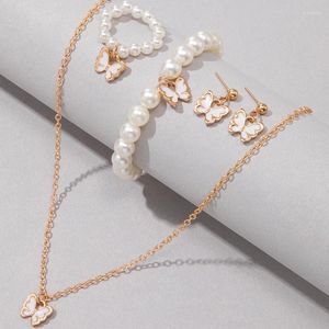 Collier boucles d'oreilles ensemble mode papillon perle pierre 4/pièce femmes Simple géométrique anneau Bracelet bijoux de mariage