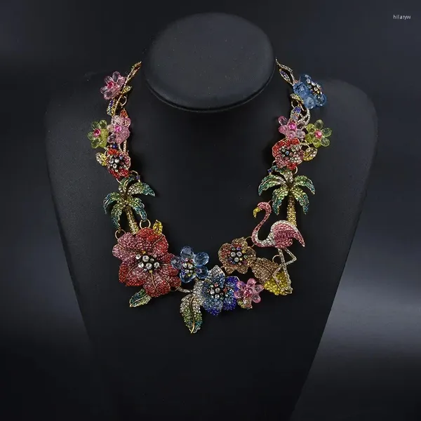 Conjunto de collar y pendientes a la moda, cristal colorido, diamantes de imitación, flor, flamenco, declaración de mujer, Gargantilla de cuello grande, joyería de boda