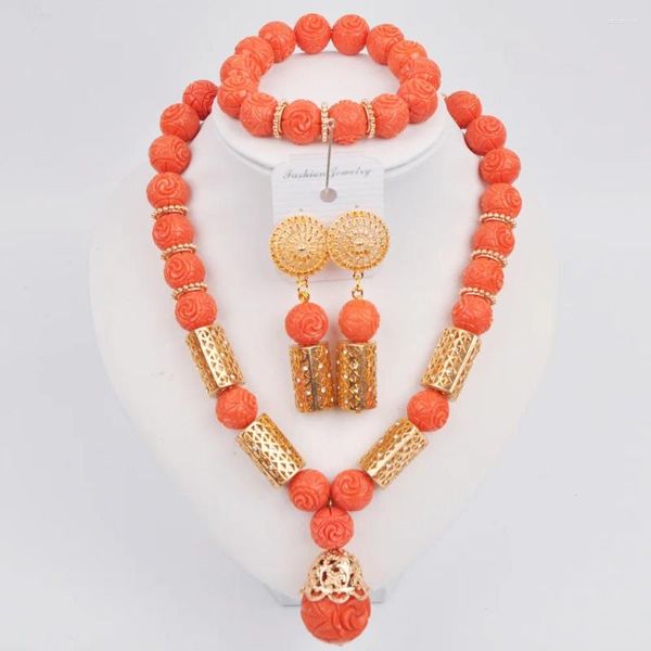 Conjunto de collar y pendientes, disfraz de moda, cuentas africanas de Coral artificial naranja, joyería