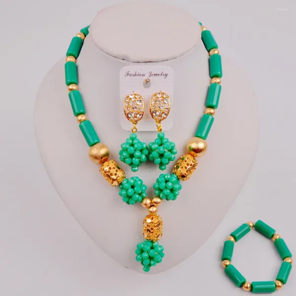 Conjunto de collar y pendientes, cuentas de boda nigerianas de color verde cian, conjuntos africanos, joyería de cristal, ZQ-06