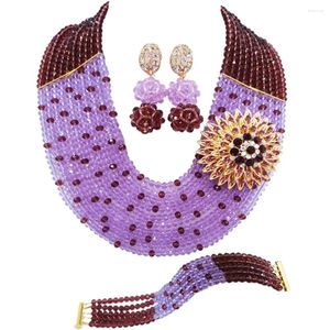 Ensemble de boucles d'oreilles et collier, violet foncé, lilas, mariage nigérian, perles africaines, bijoux en cristal, 10SZ16