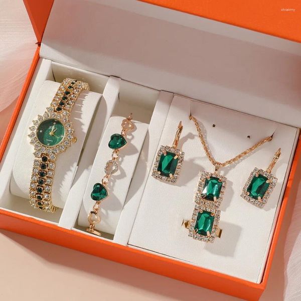 Conjunto de collar y pendientes, reloj de esmeralda de moda, pulsera, joyería para mujer, regalo de lujo, 4 Uds.