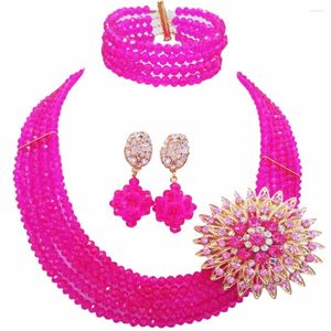 Ensemble collier et boucles d'oreilles rose Fuchsia, bijoux de mariage nigérian en perles africaines en cristal pour femmes et filles, 5L-008