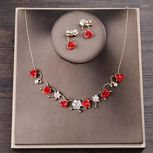 Ensemble de boucles d'oreilles et collier pour femmes, ensemble de Clips en cristal de fleur de Rose rouge, à la mode, accessoires de mariée, cadeau