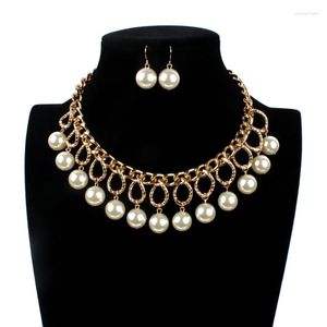 Collier boucles d'oreilles ensemble mode or femmes cou chaîne Imitation perles pendentifs tour de cou chaînes et colliers ensembles de perles bijoux
