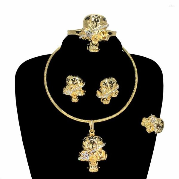 Conjunto de collar y pendientes, joyería de Halloween de moda, colgante de calavera con forma de gota de estilo gótico, chapado en oro de Dubái para mujeres y hombres FHK16290