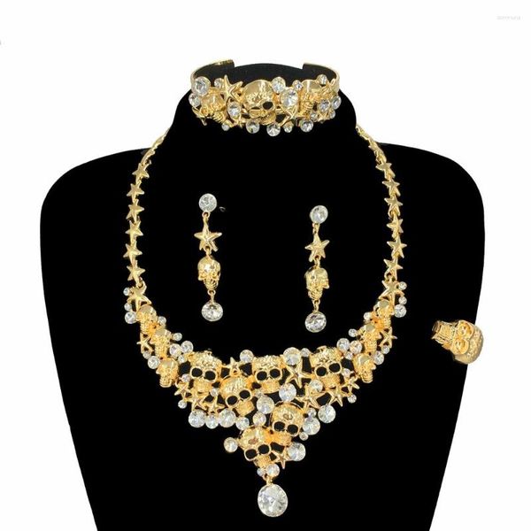 Conjunto de collar y pendientes, joyería de Halloween, estilo gótico, Calavera, Dubái, chapado en oro, para mujeres y hombres, FHK16319