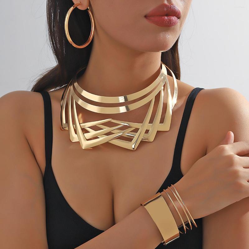 Necklace Earrings Set Fashion Light Luxury Metal Lines Multi Layer Geometric Hollow Gold Plated Bracelet Jewelry Gifts For Women