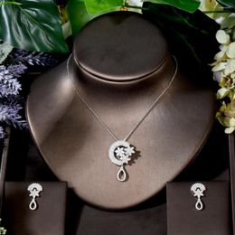 Ketting Oorbellen Set Mode Luxe Blad Bloem Water Drop Vrouwen Bruiloft Zirconia Earring Dubai Sieraden Boucle D' oreille N-1750