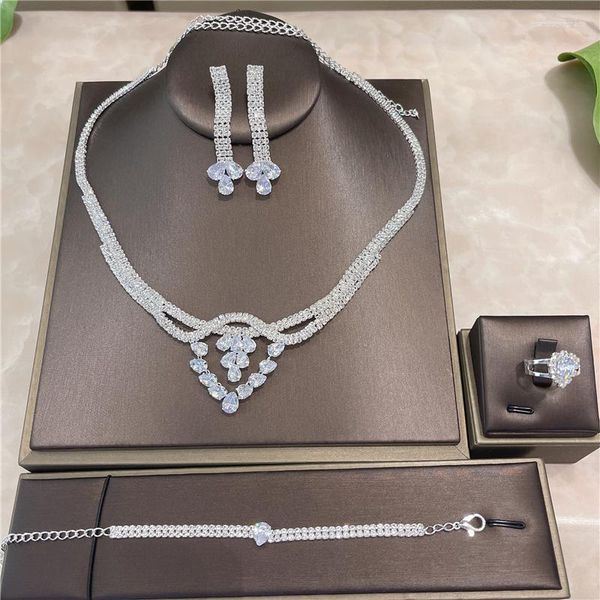 Ensemble de bijoux de luxe pour femmes, collier et boucles d'oreilles, forme élégante, Bracelet CZ, bague, 4 pièces, grands bijoux de mariage pour mariée