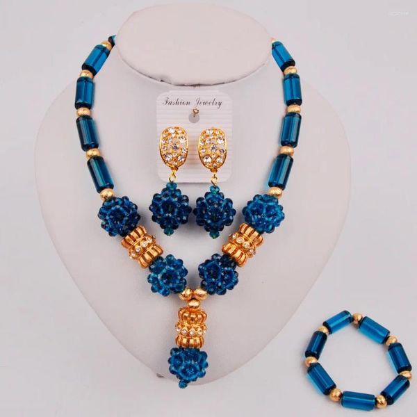 Conjunto de collar y pendientes de moda, azul marino, cuentas africanas de boda nigeriana, joyería de cristal, joyería de disfraz ZQ4-9