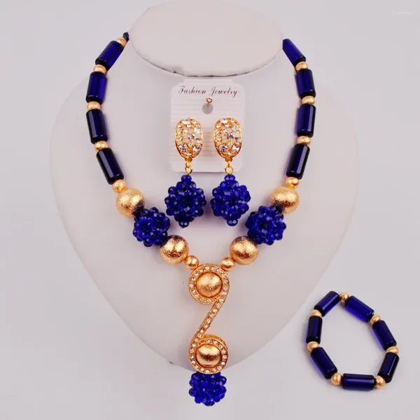 Ensemble de boucles d'oreilles et collier, bijoux de mariée de mariage nigérian, colonne de cristal bleu Royal, Banquet africain, LS-48