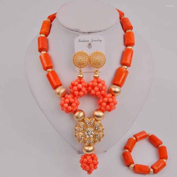 Conjunto de collar y pendientes, cuentas de Coral nigeriano naranja a la moda, joyería de boda africana para mujer 12-K-03