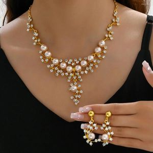 Ensemble de collier et boucles d'oreilles en perles pour mariées, à la mode, pour fête de mariage, Festival, strass, pendentif ras du cou, cadeaux de luxe