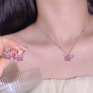 Ensemble de collier et boucles d'oreilles pour femmes, pendentif en forme de cœur en cristal rose, strass scintillant, chaîne de clavicule, bijoux cadeaux Y2K