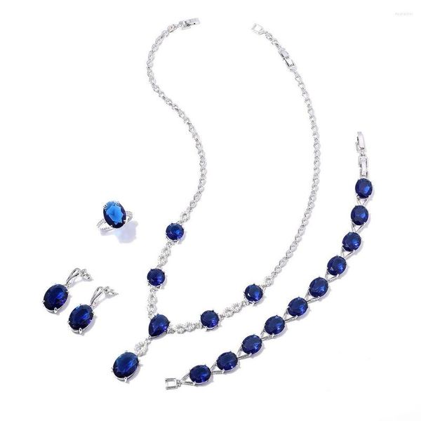 Collier boucles d'oreilles ensemble mode platine incrusté saphir naturel anneaux Bracelet bijoux luxe Zircon pour les femmes 2023